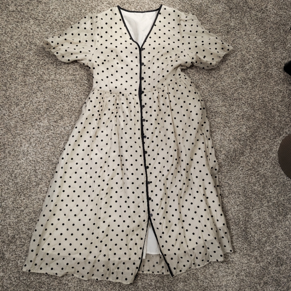 2/$25 -Santa Grove Polka Dot Button Down V-neck Puff Sleeves Maxi Dress, Size S